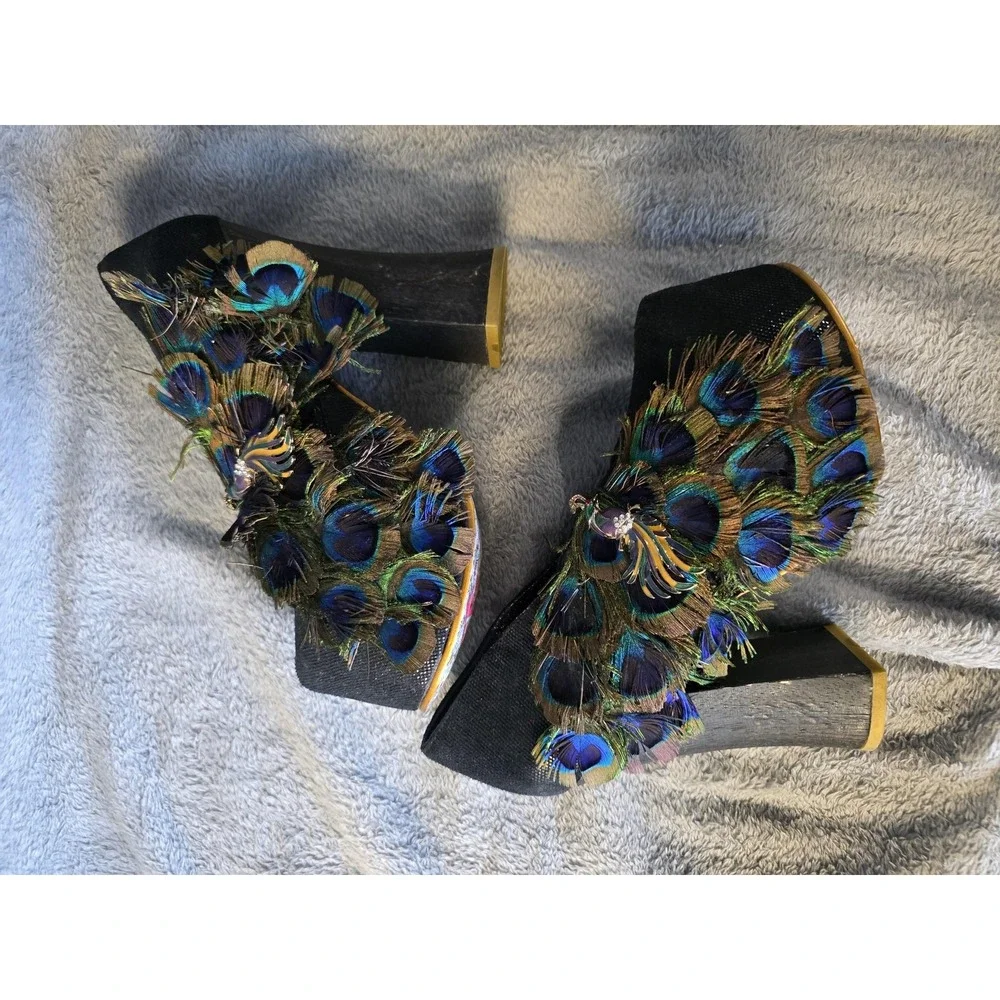 Irregular Choice Peacock Feather Wedge High Heel Platform Shoes Black 6.5